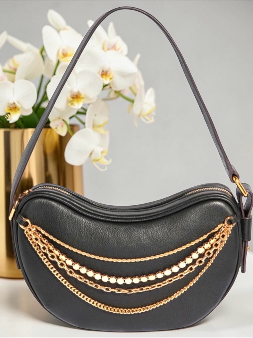 Aimee KESTENBERG X Evange Petrakis Black Shoulder Bag - Gold Chain Detail NWT - Picture 1 of 16